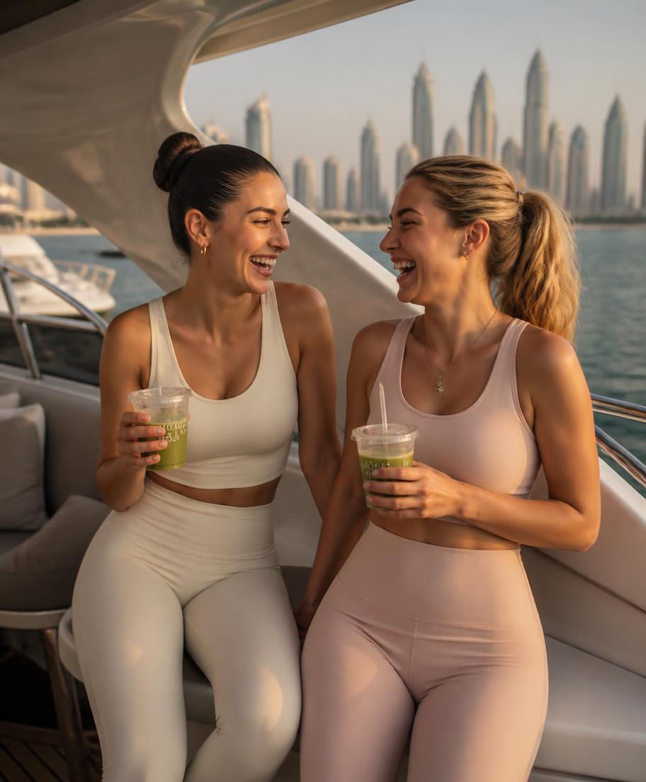 Two members laughing with matcha on a yacht deck